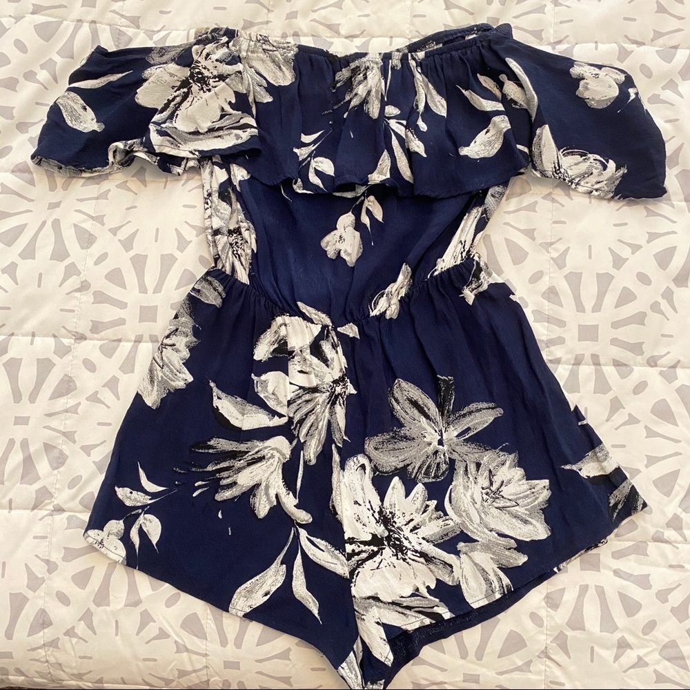 Navy, white floral romper